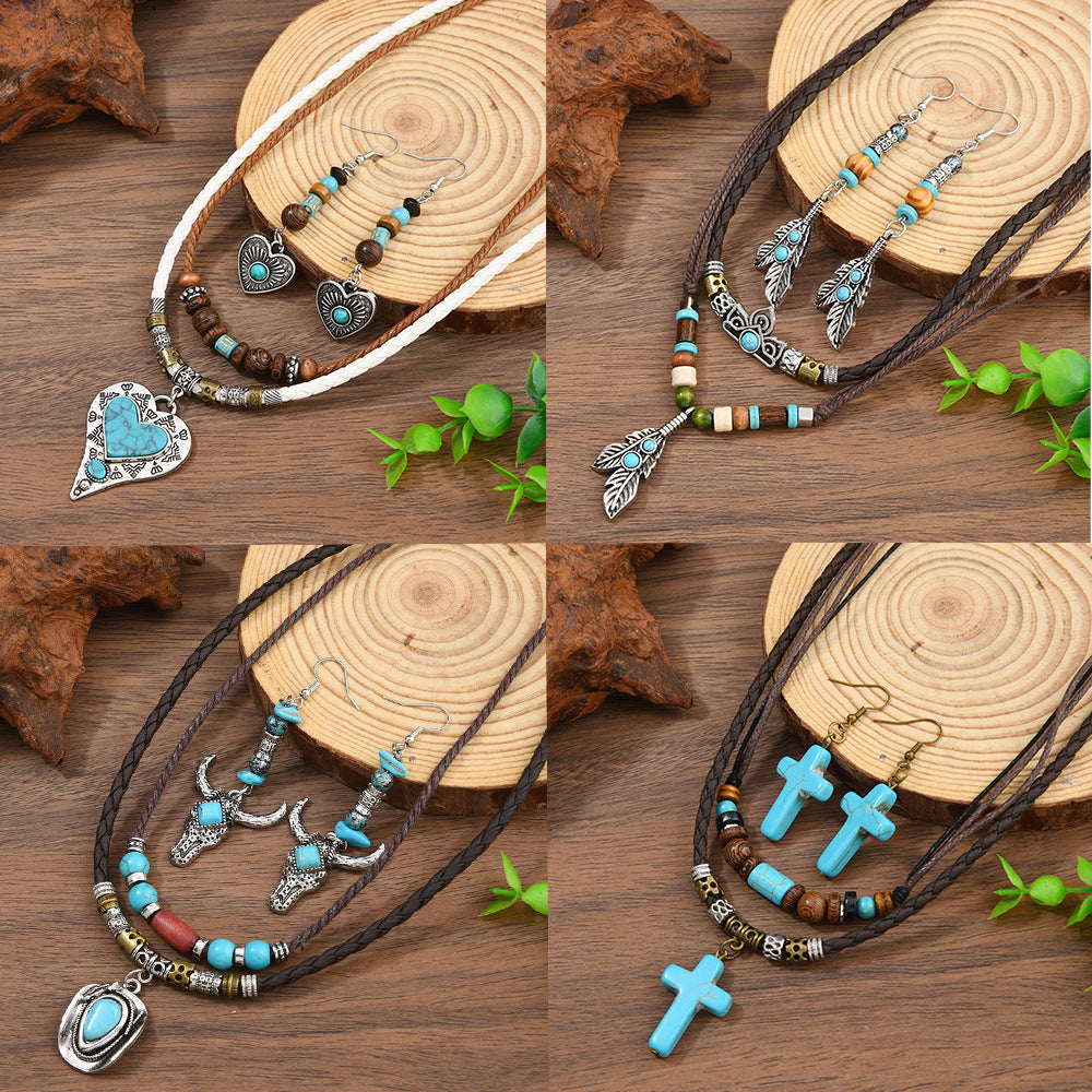 Wholesale 3PCS Western-style leather beaded turquoise vintage necklace