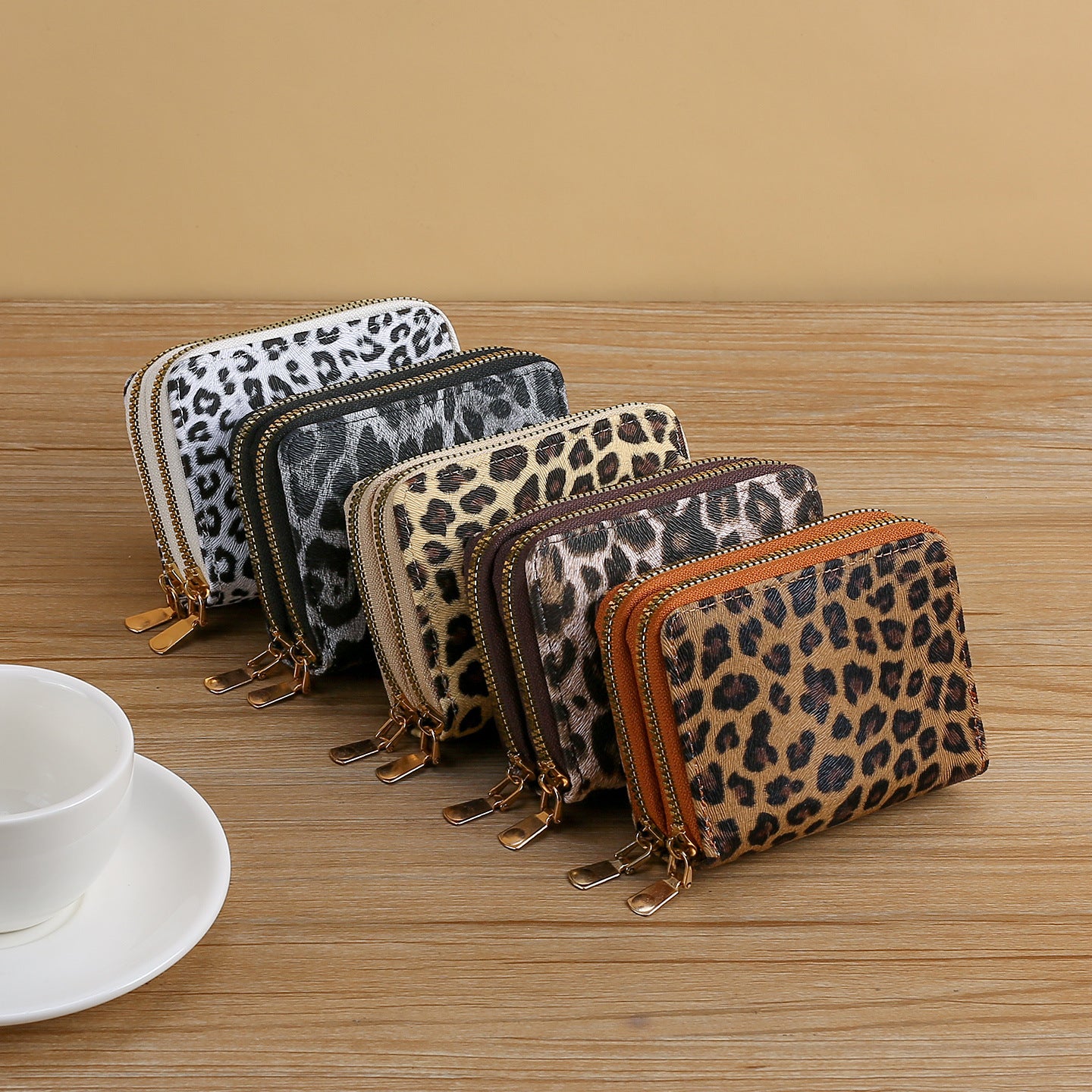Wholesale Retro Leopard Print PU Coin Purse Double Zipper Card Holder Fashion Accessory Boutique Gift