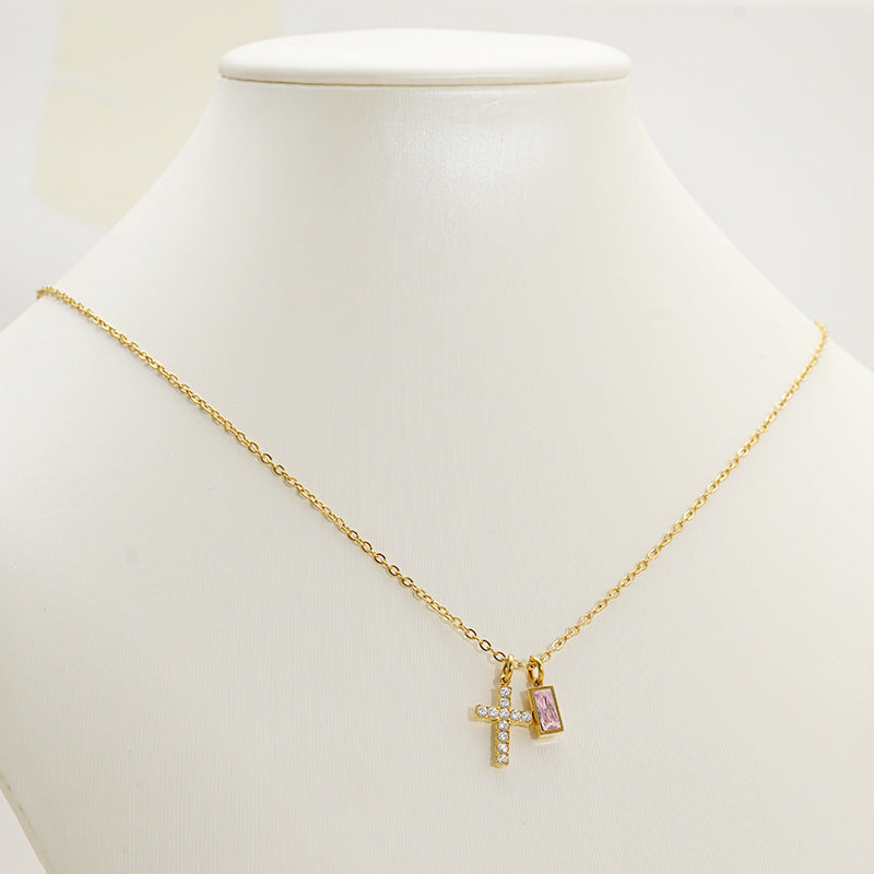 Wholesale Stainless steel December birthstone cross necklace