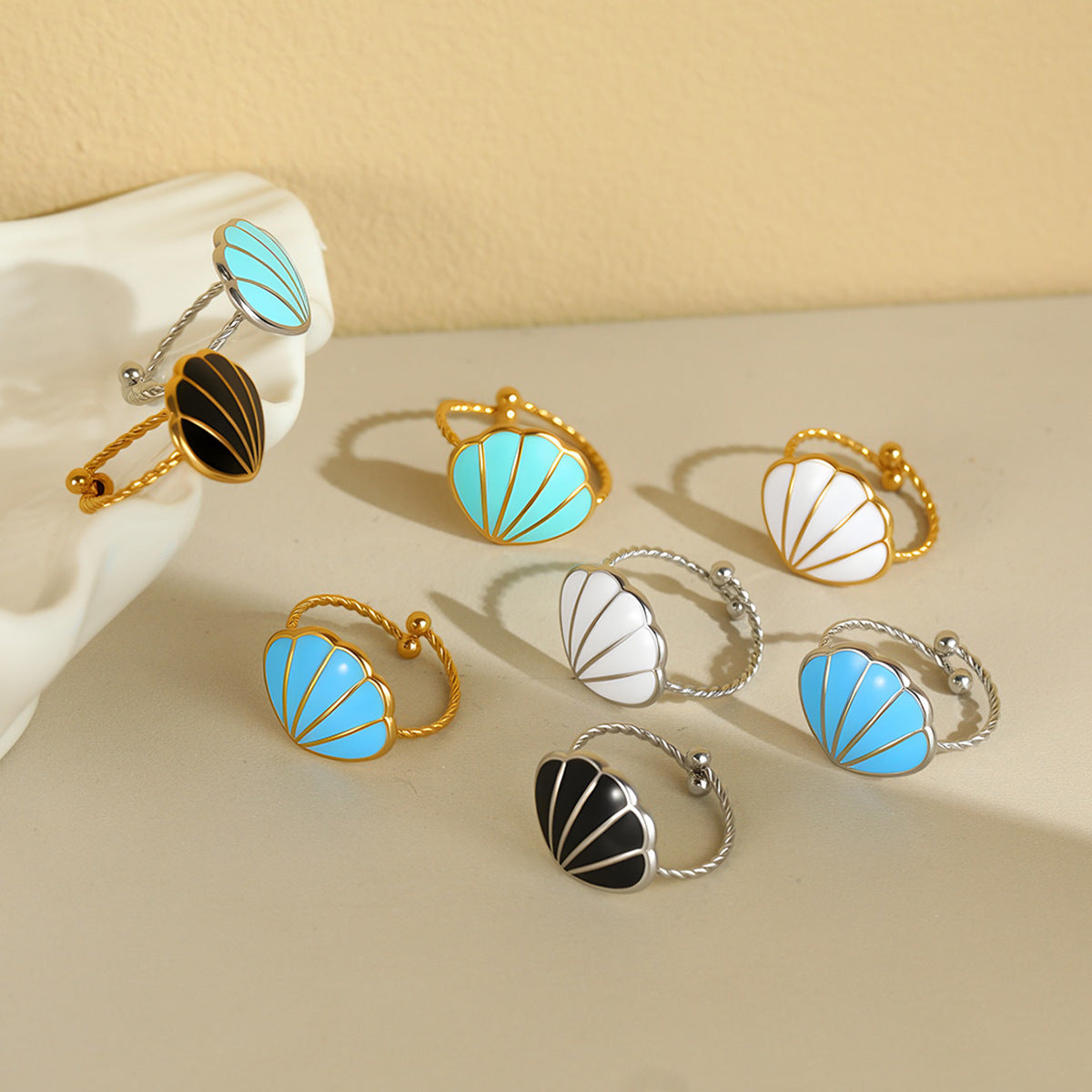 Wholesale Stainless steel ocean-themed adjustable seashell ring