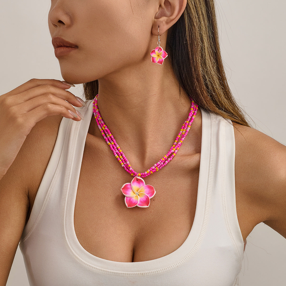 Wholesale Handmade Bohemian Soft Clay Flower Jewelry Set With Seed Beads Earrings And Necklace Vacation Fashion Accessory