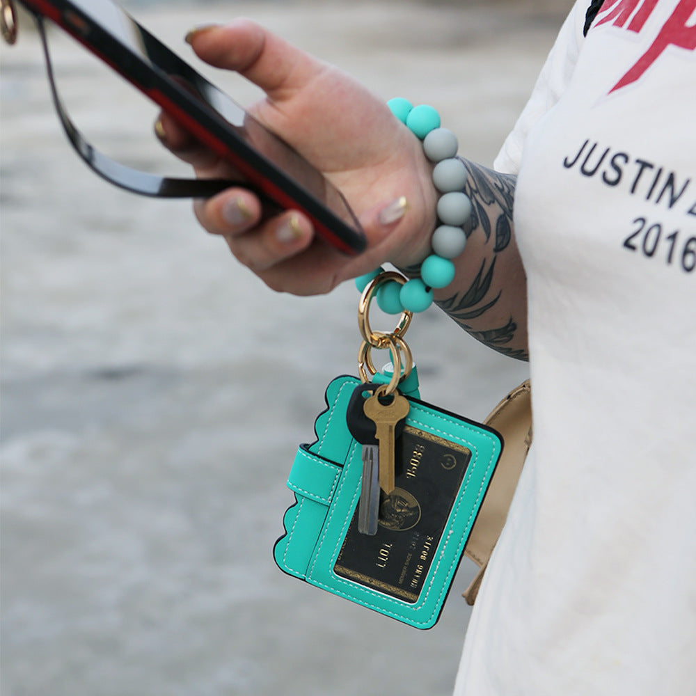 Wholesale Silicone Beaded Pendant PU Tassel Card Holder Wrist Keychain ACC-KC-JM004