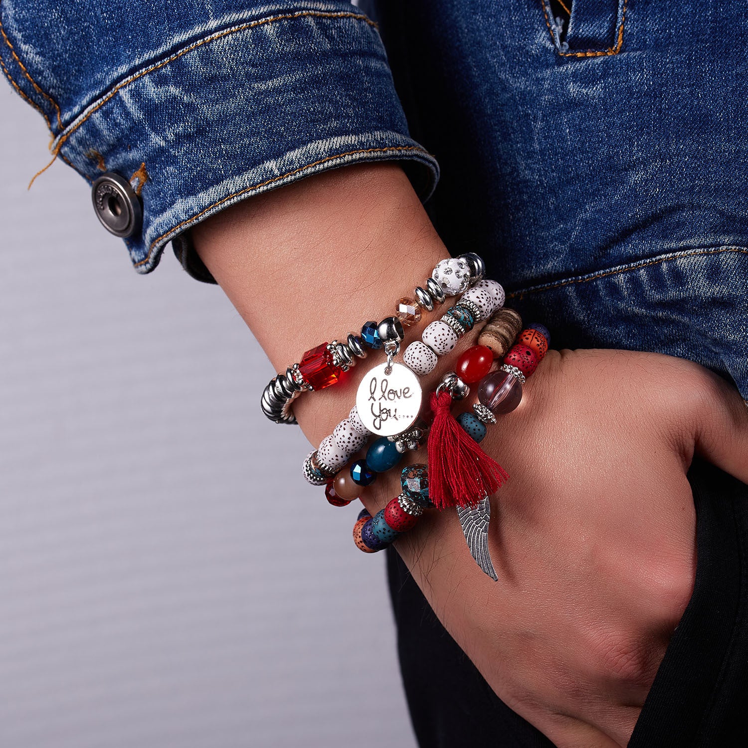 Wholesale  Bohemian Beaded Bracelet suit Wings Tassel  Bodhi Beads Rice Beads Multi-layer Bracelet