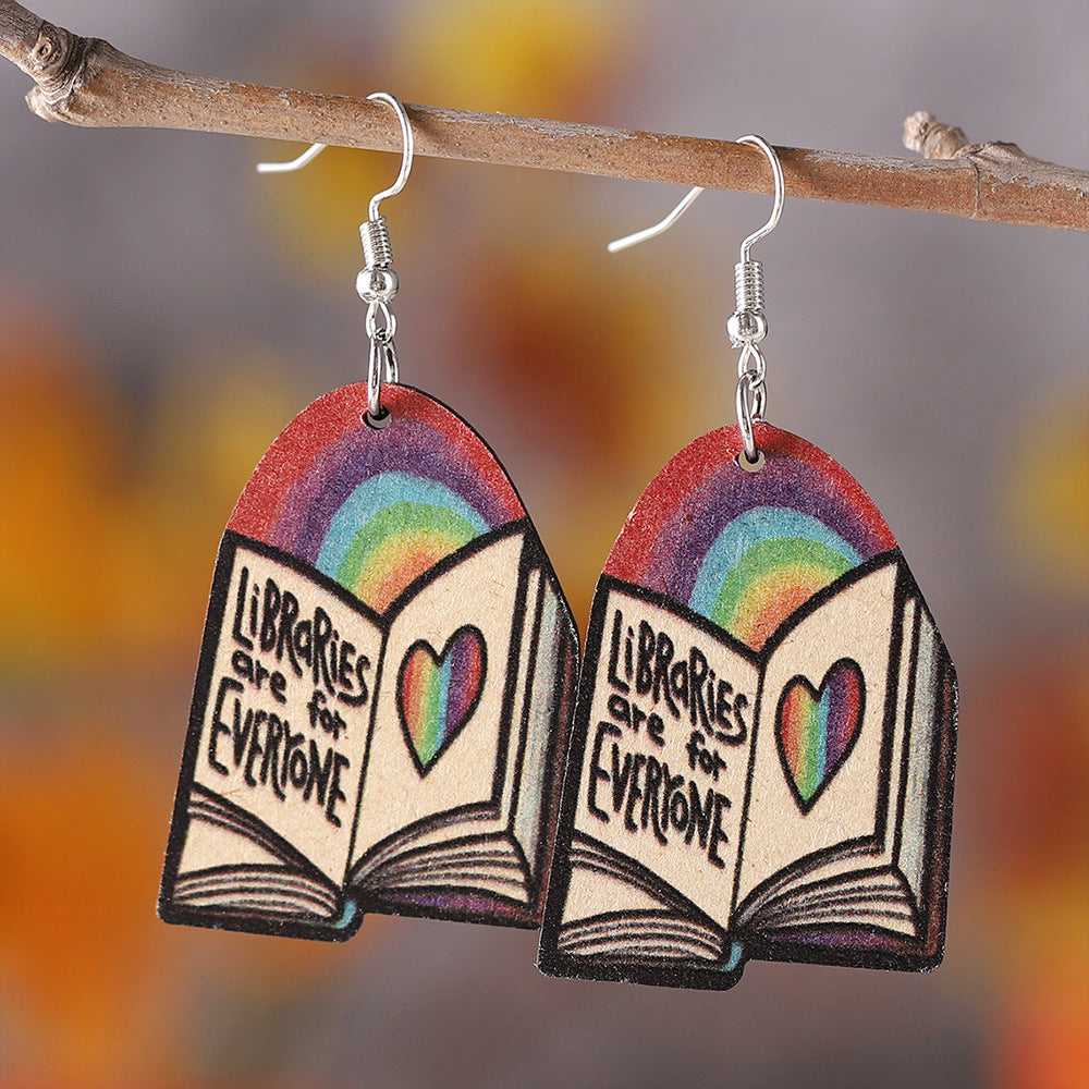 Wholesale School Season Graduation Season Rainbow Love Book Wood Double-sided Earrings ACC-ES-ChuLian049