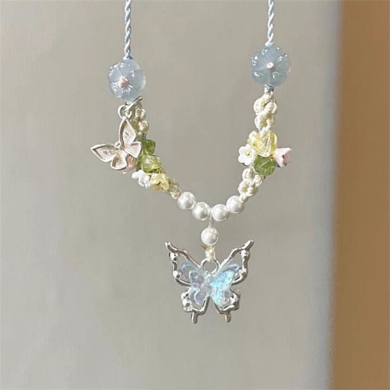 Wholesale  small stars green crystal colorful flowers woven necklace