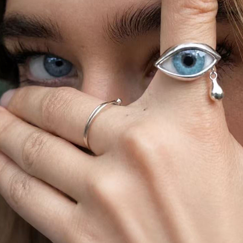Wholesale Trendy Crying Eye Teardrop Ring Blue Eye Zinc Alloy Electroplate Jewelry Accessory