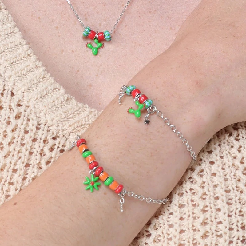 Wholesale Stainless steel oil dripping beaded multi-pendant colorful diamond bracelet