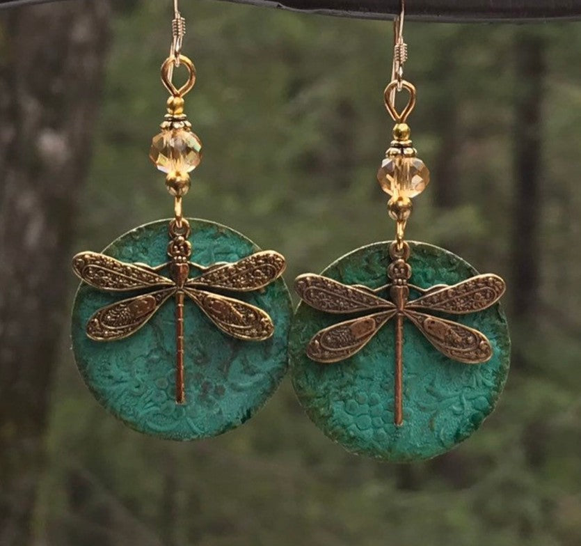 Wholesale  Retro Bronze Green Dragonfly Ethnic Style Simple Earrings