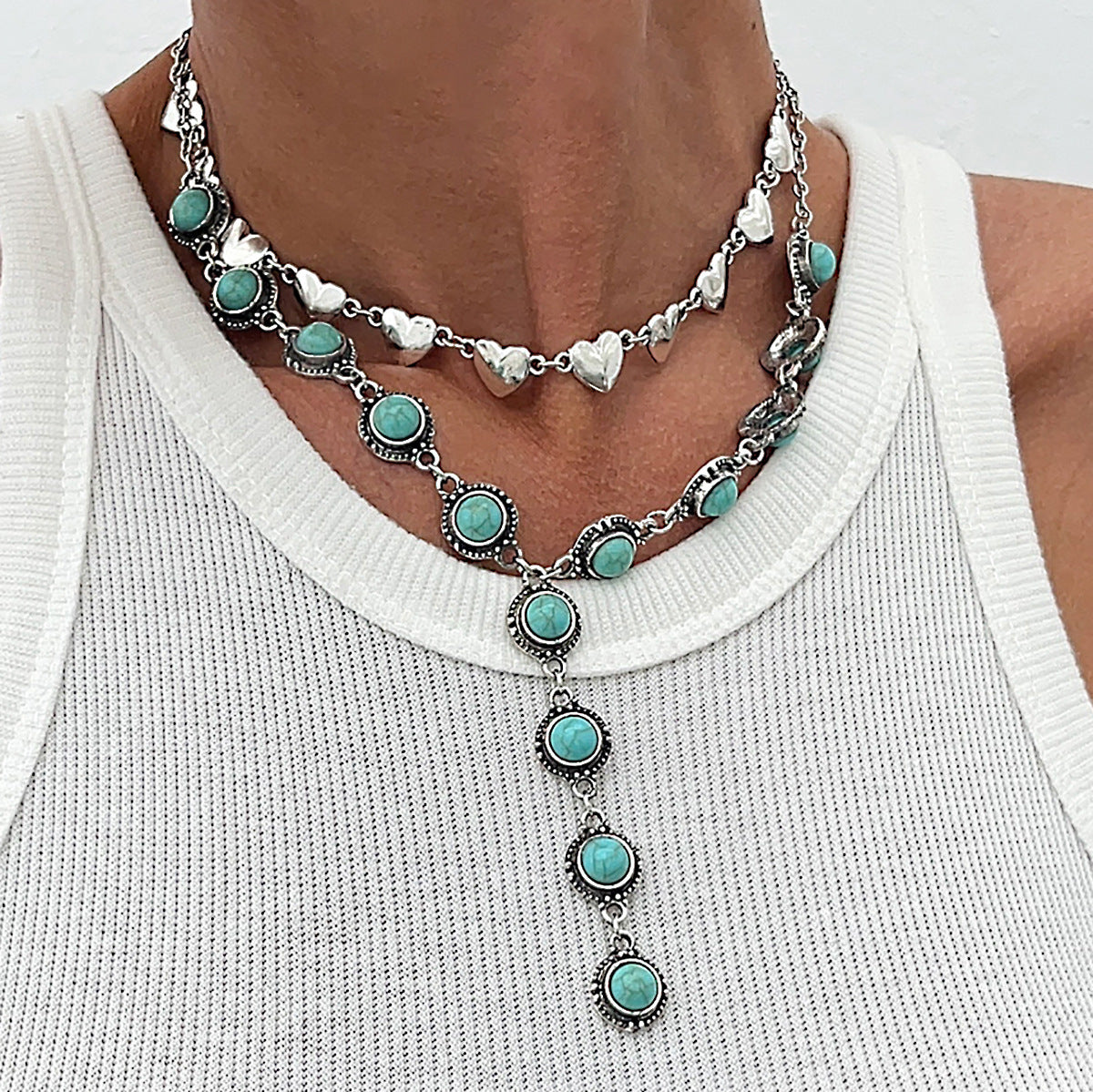 Wholesale Vintage Y-shaped tassel heart-shaped turquoise necklace