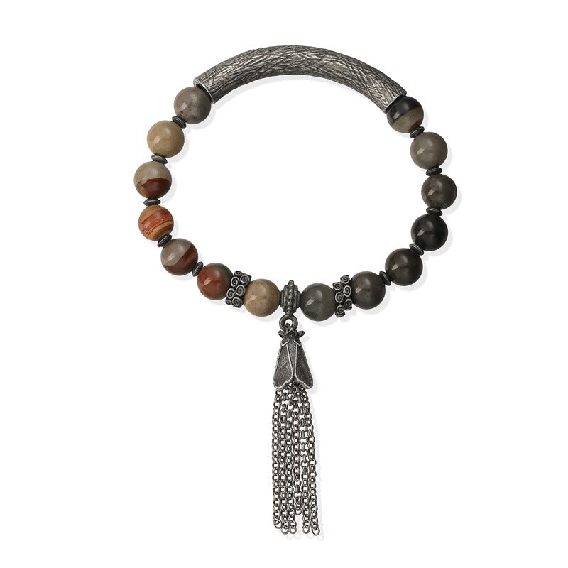 Wholesale New Chinese Style Gun Black Stone Bead Bracelet With Tassel Unisex Retro Wedding Gift Jewelry Accessory