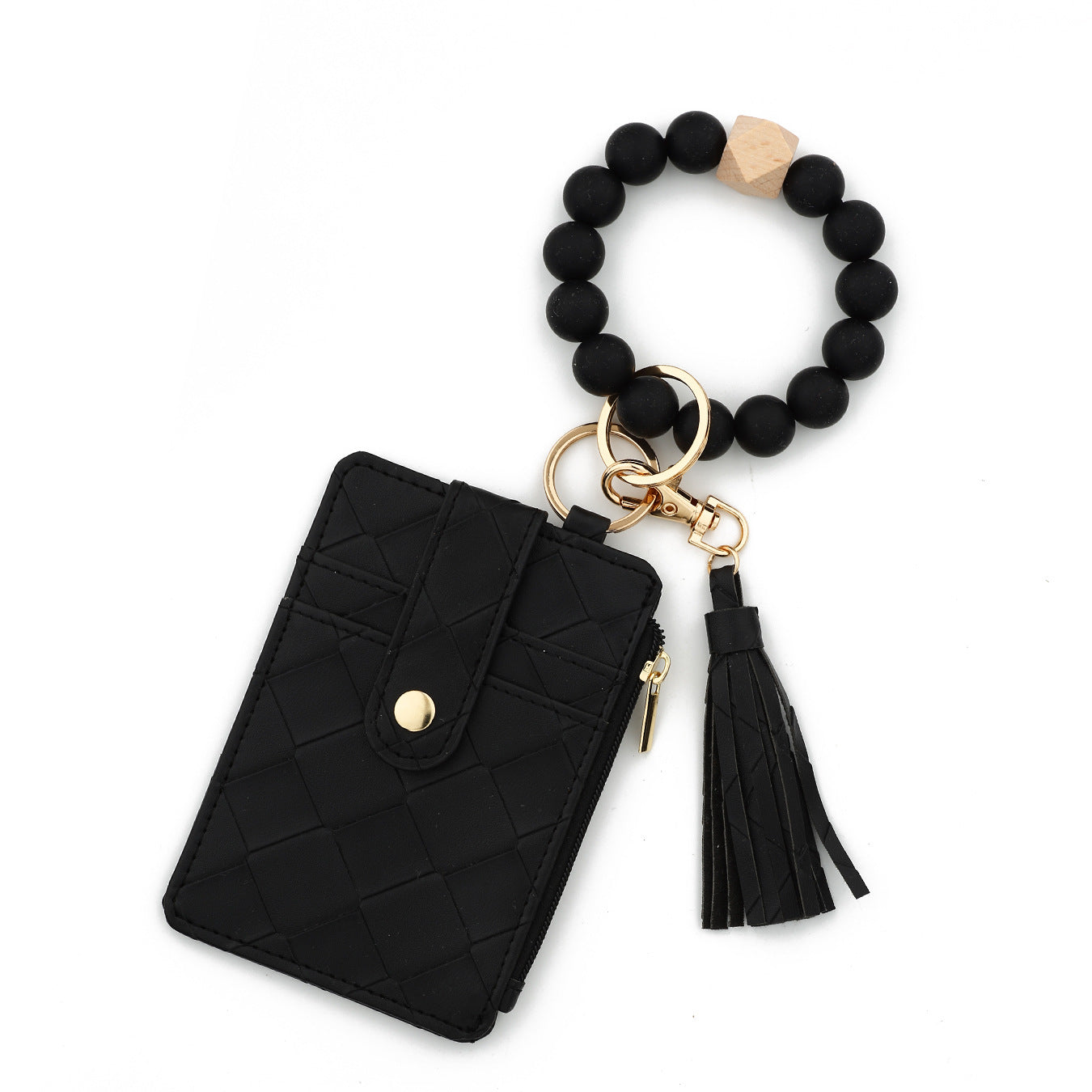 Wholesale  PU Leather Wallet Woven Silicone Bead Wristlet Keychain