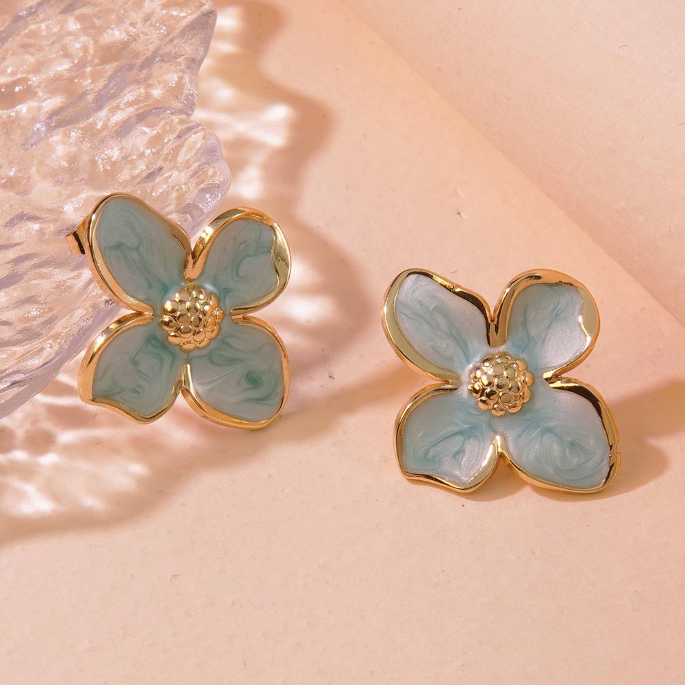 Wholesale  Retro Palace Flower Glaze Four-petal Flower Stainless Steel Earrings