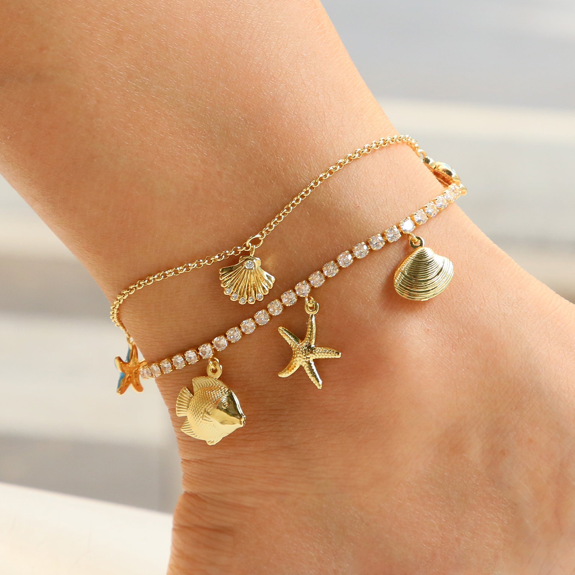 Wholesale Ocean Summer Full Diamond Zirconia Necklace with Small Fish,  Blue Starfish,  Conch Shell Multi-layer Anklet