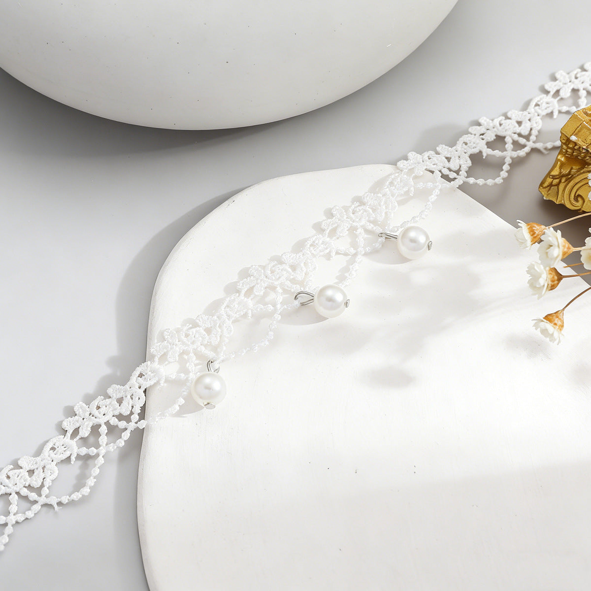 Wholesale Sweet Style White Lace Pearl Tassel Choker Necklace - Boutique Resale