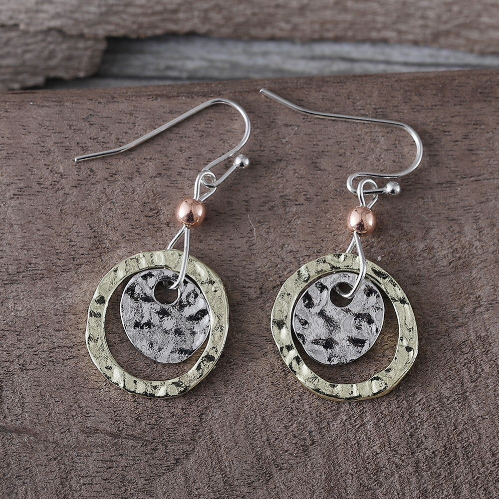 Wholesale Retro Coin Ring Overlapping Two-color Earrings