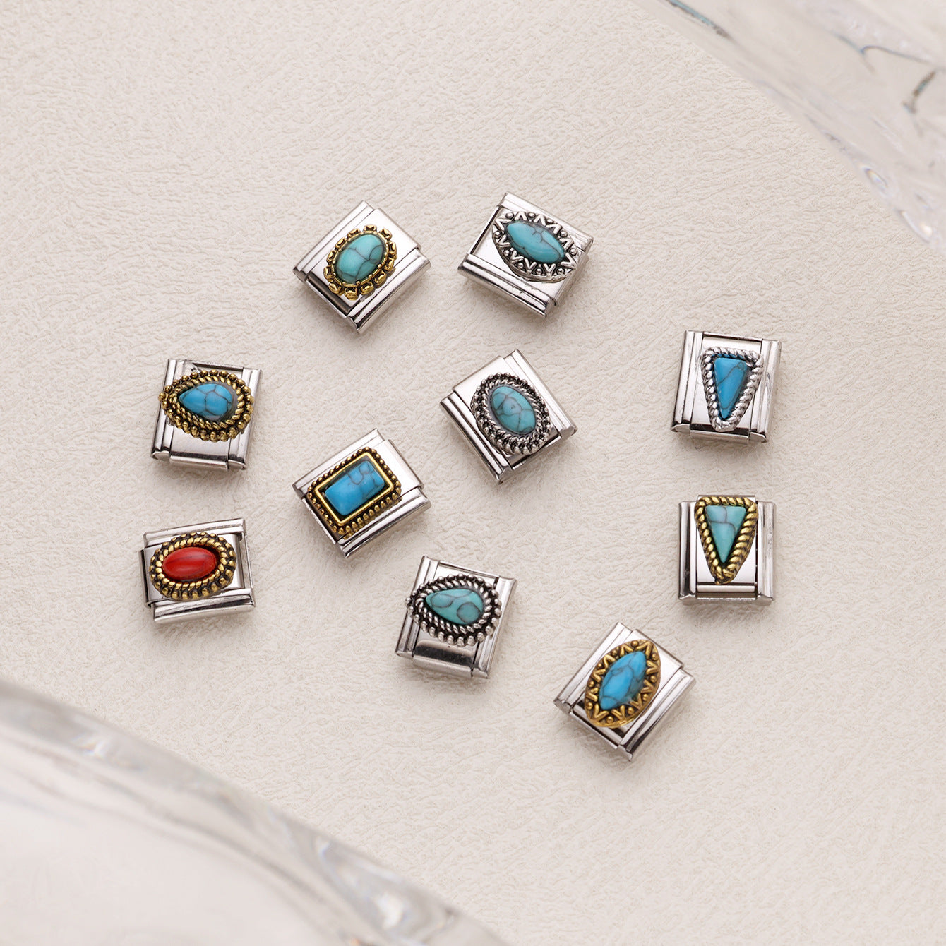 Wholesale 10pcs Italian Charm Bracelet 9mm DIY Splicing Geometric Turquoise Stainless Steel Composable Bracelet