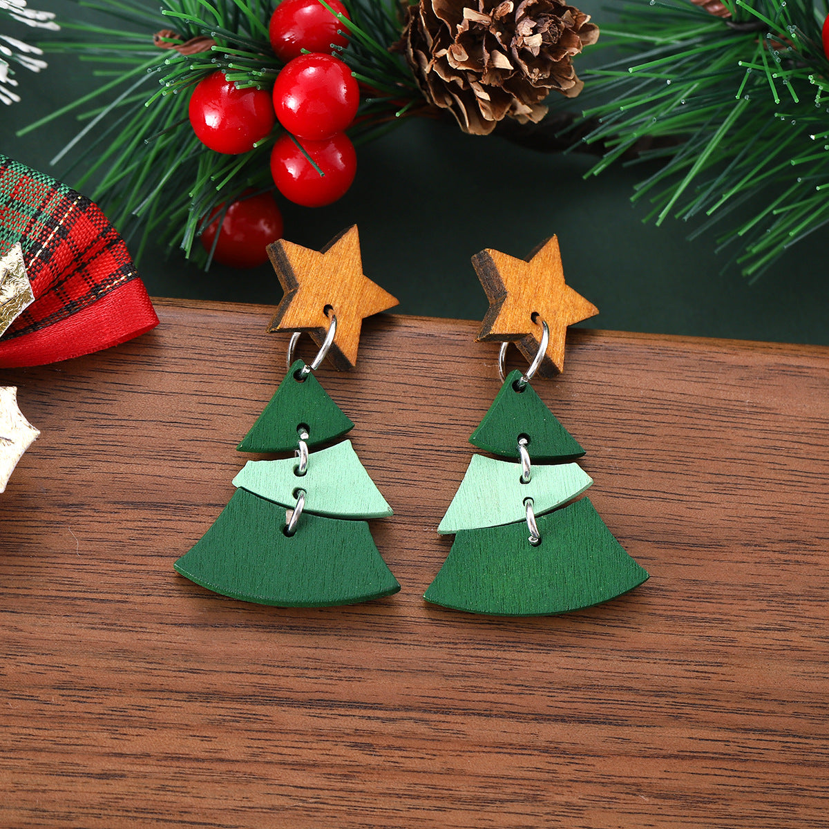 Wholesale Christmas star Christmas tree wooden double-sided pendant earrings