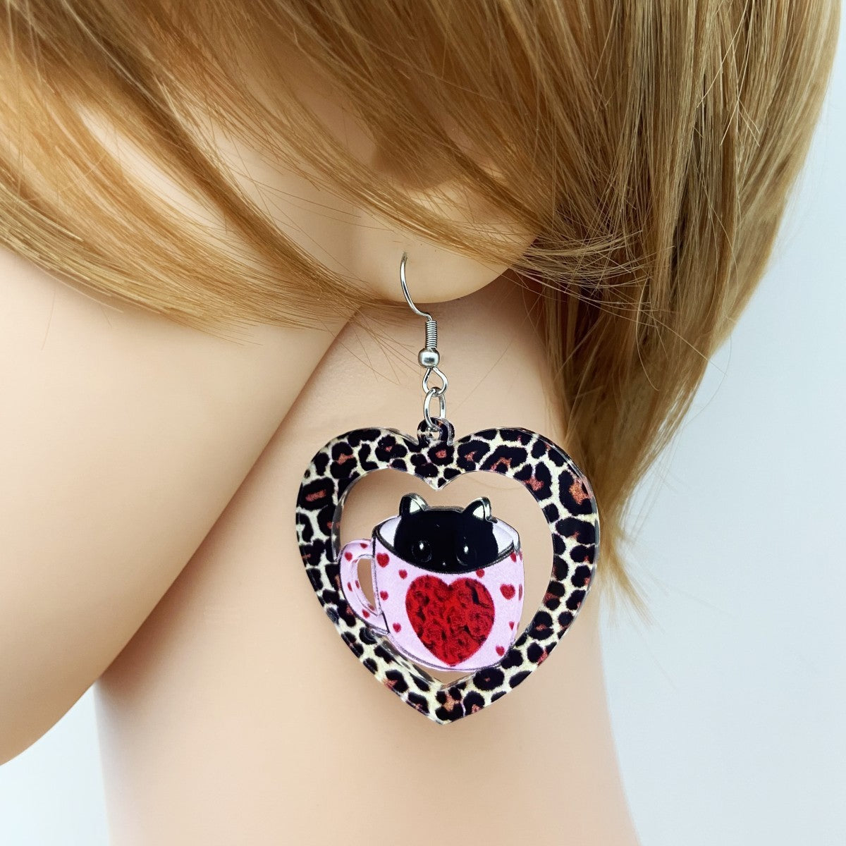 Wholesale Acrylic Printed Heart Cat Earrings