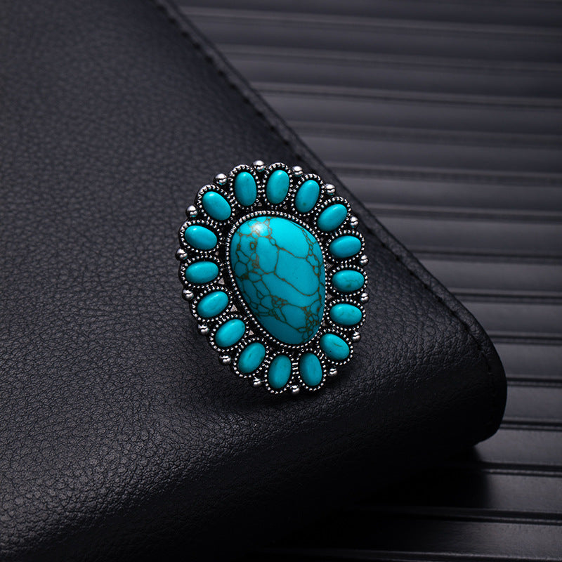 Wholesale Retro Bohemian Silver Flower Imitation Turquoise Ring - Fashion Accessory for Boutique Resale
