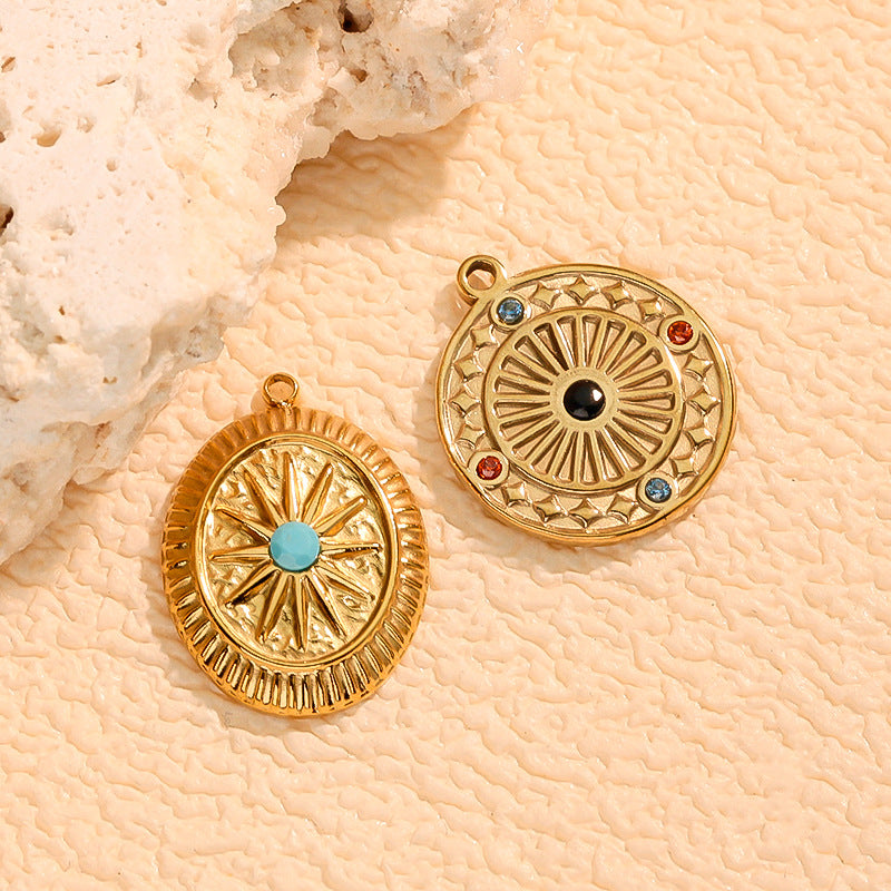 Wholesale Stainless steel round pendant micro-set with turquoise cat' s eye stones charms