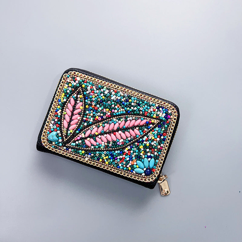 Wholesale Ethnic Retro Accordion Card Holder Handmade Rice Bead Bag Wallet ACC-WT-Mengs002