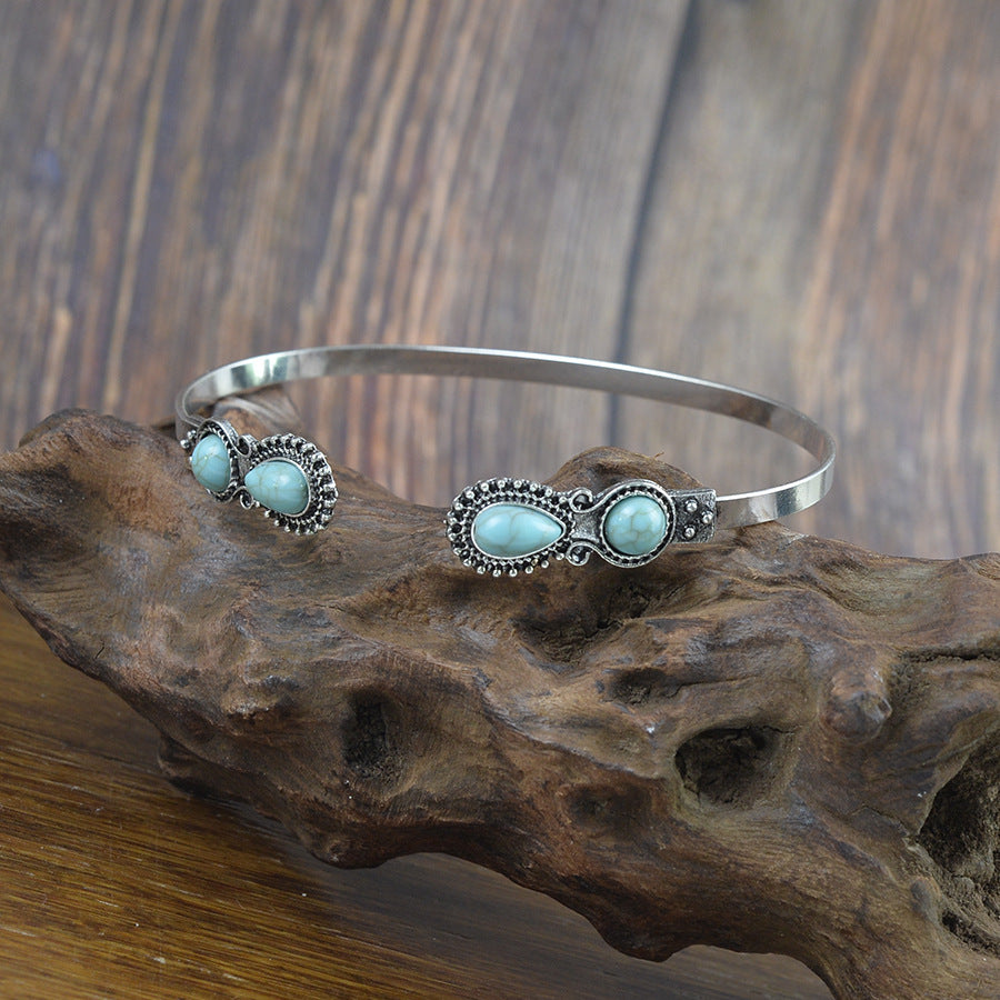 Wholesale Adjustable Electroplated Turquoise-inlaid Vintage Bohemian Style Open Bracelet