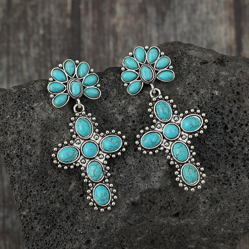Wholesale Alloy Electroplated Retro Earrings,  Half Flower Turquoise Cross  Design,  Fashion Accessory for Boutique Resale