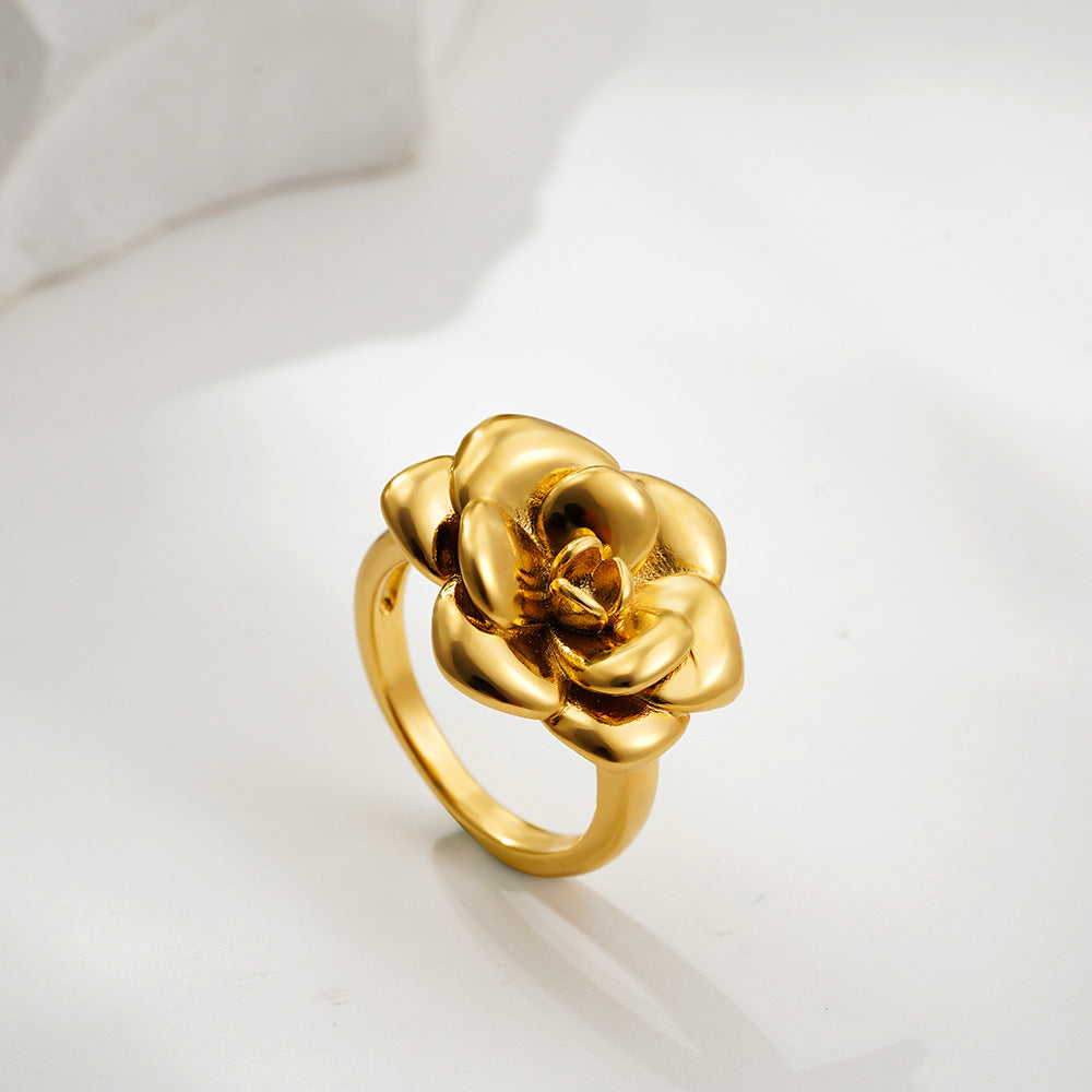 Wholesale  Stainless Steel 18K Gold Camellia Earrings Retro Ring Rose  Light Luxury Jewelry