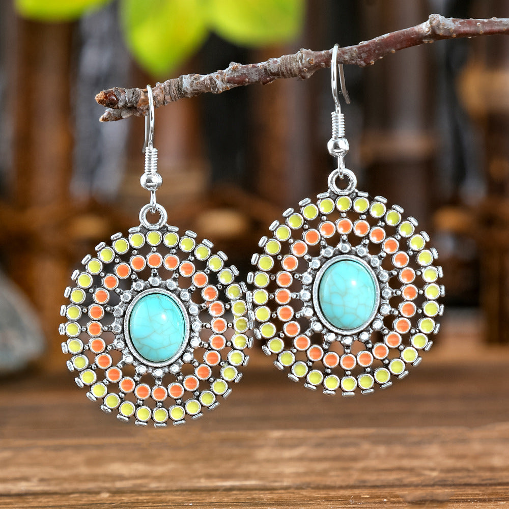 Wholesale Alloy Bohemian Hook Earrings Retro Ethnic Turquoise Oil-Drip Style for Women Gift Boutique Resale