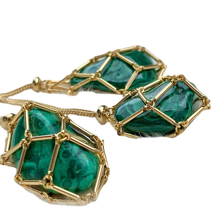 Wholesale 18K Gold Natural Crystal Raw Stone Net Pocket Metal Bamboo Necklace Crystal Mesh Bag ACC-NE-RongGuan010