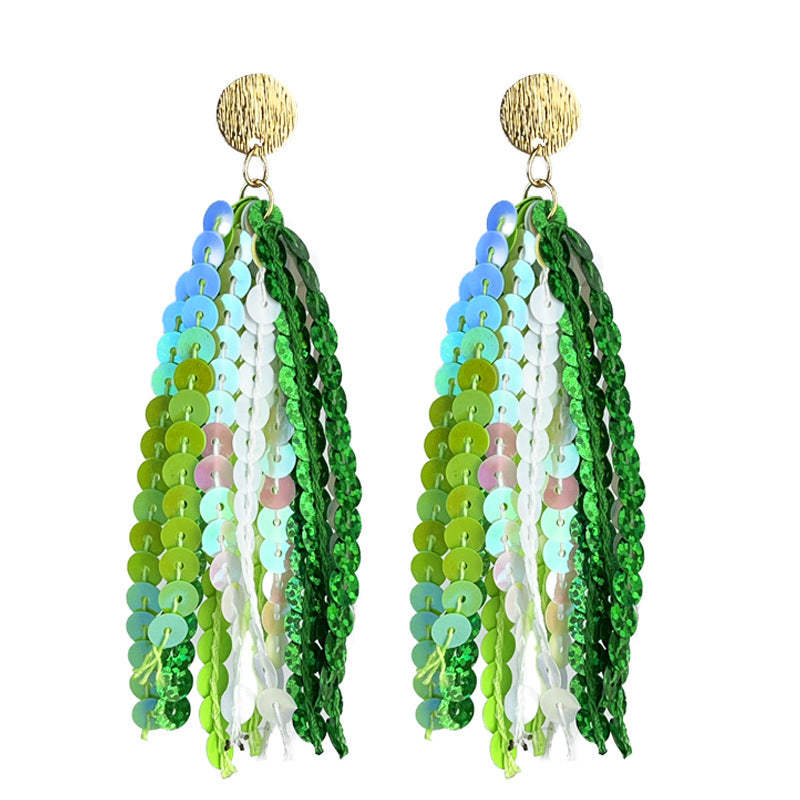 Wholesale 2 pairs/pack St. Patrick's Green Sparkling Tassel Metal Stud Earrings ACC-ES-HY225