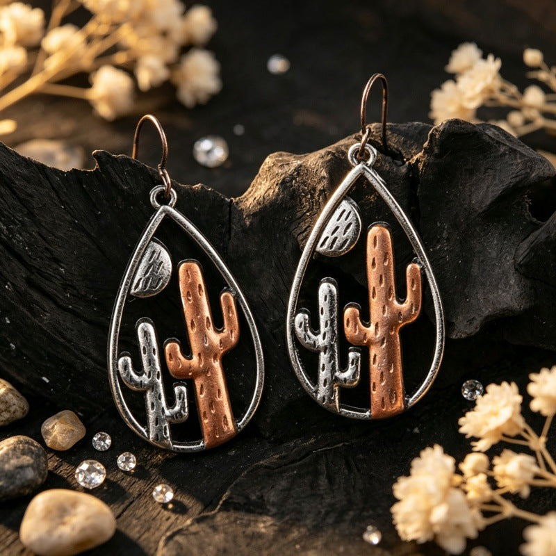 Wholesale Chic Two Tone Cactus Teardrop Earrings Retro Western Hollow Out Metal Jewelry Accessory