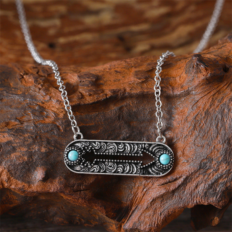 Wholesale Vintage Inlaid Turquoise Geometric Hollow Arrow Pin Clavicle Necklace Trendy Jewelry Accessory