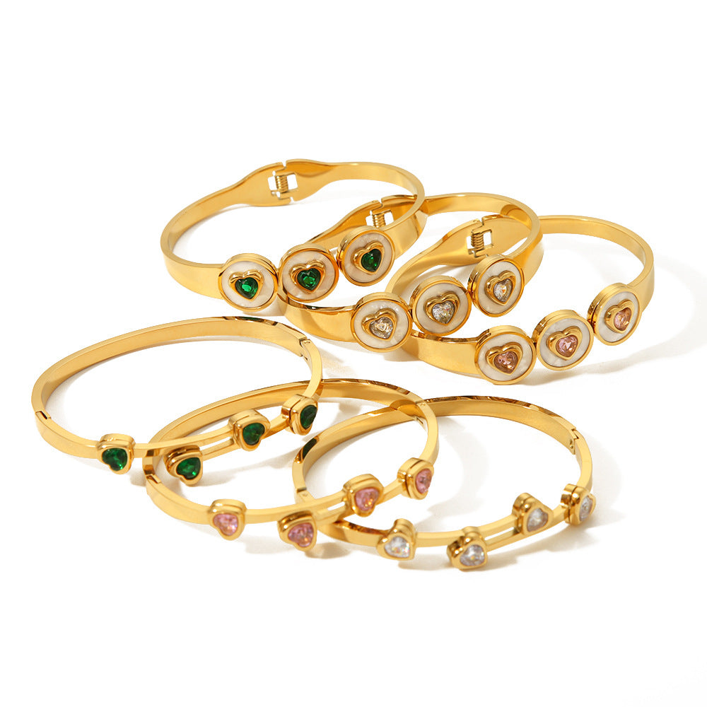 Wholesale stainless steel heart-shaped colorful zircon inlaid white sea shell 18K gold bracelet