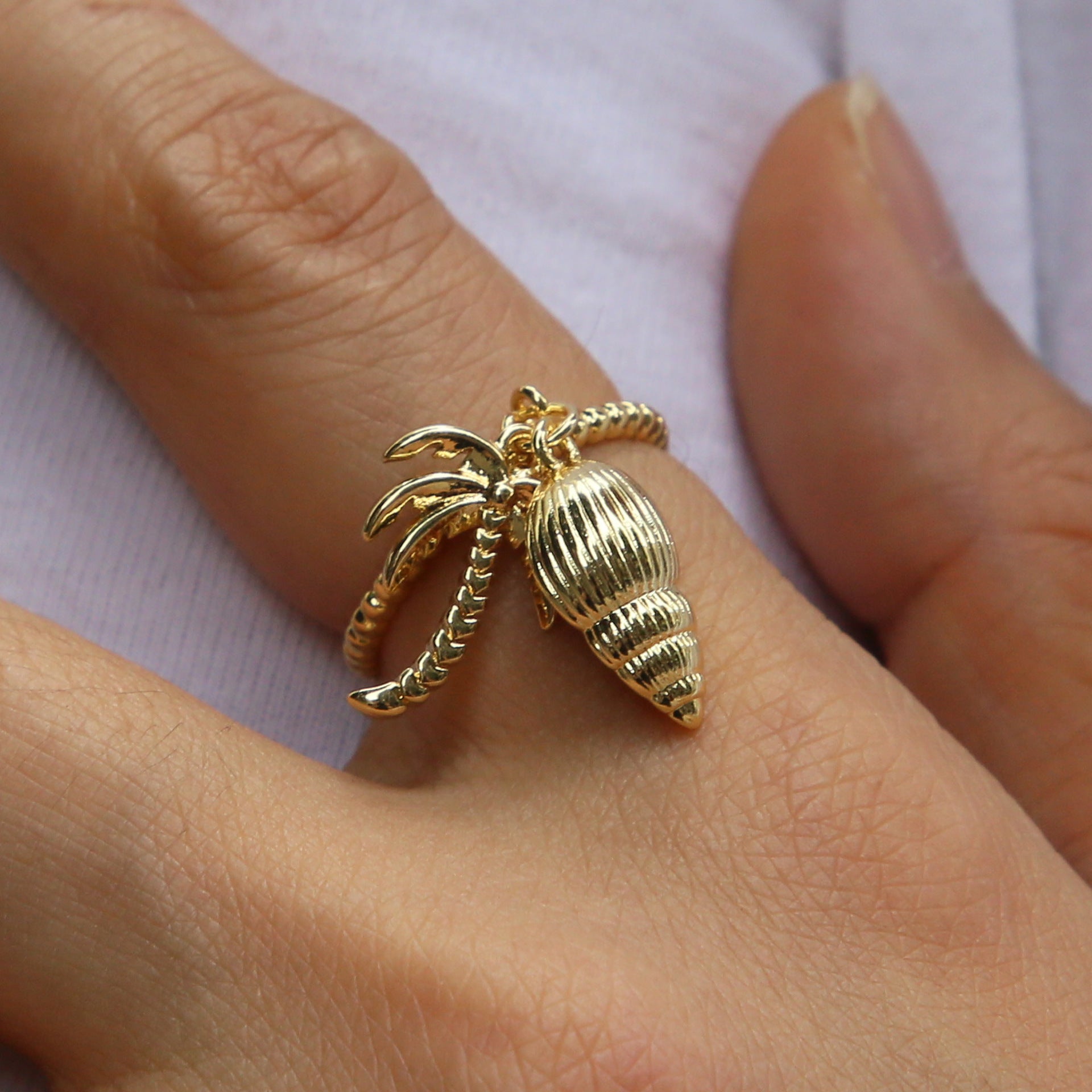 Wholesale  Brass  Beach Series Bohemian Starfish Conch Turtle Coconut Tree Opening Ring