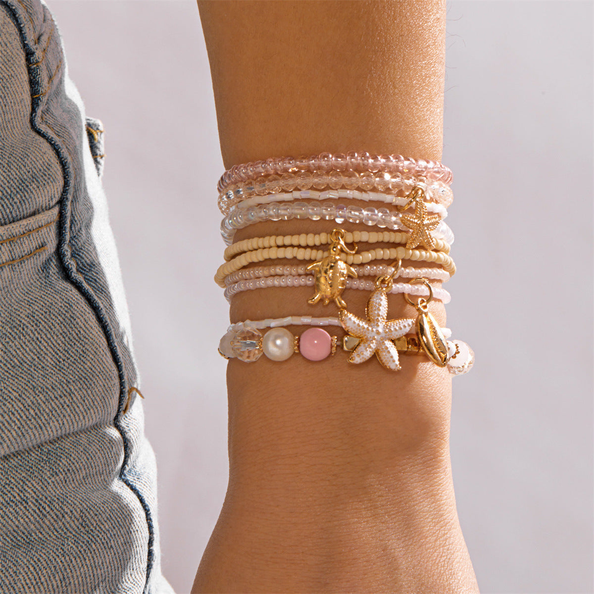 Wholesale Bohemian Beach Bracelet Set For Women Summer Vacation Starfish Shell Turtle Glass Seed Beads Handmade Fashion Accessory