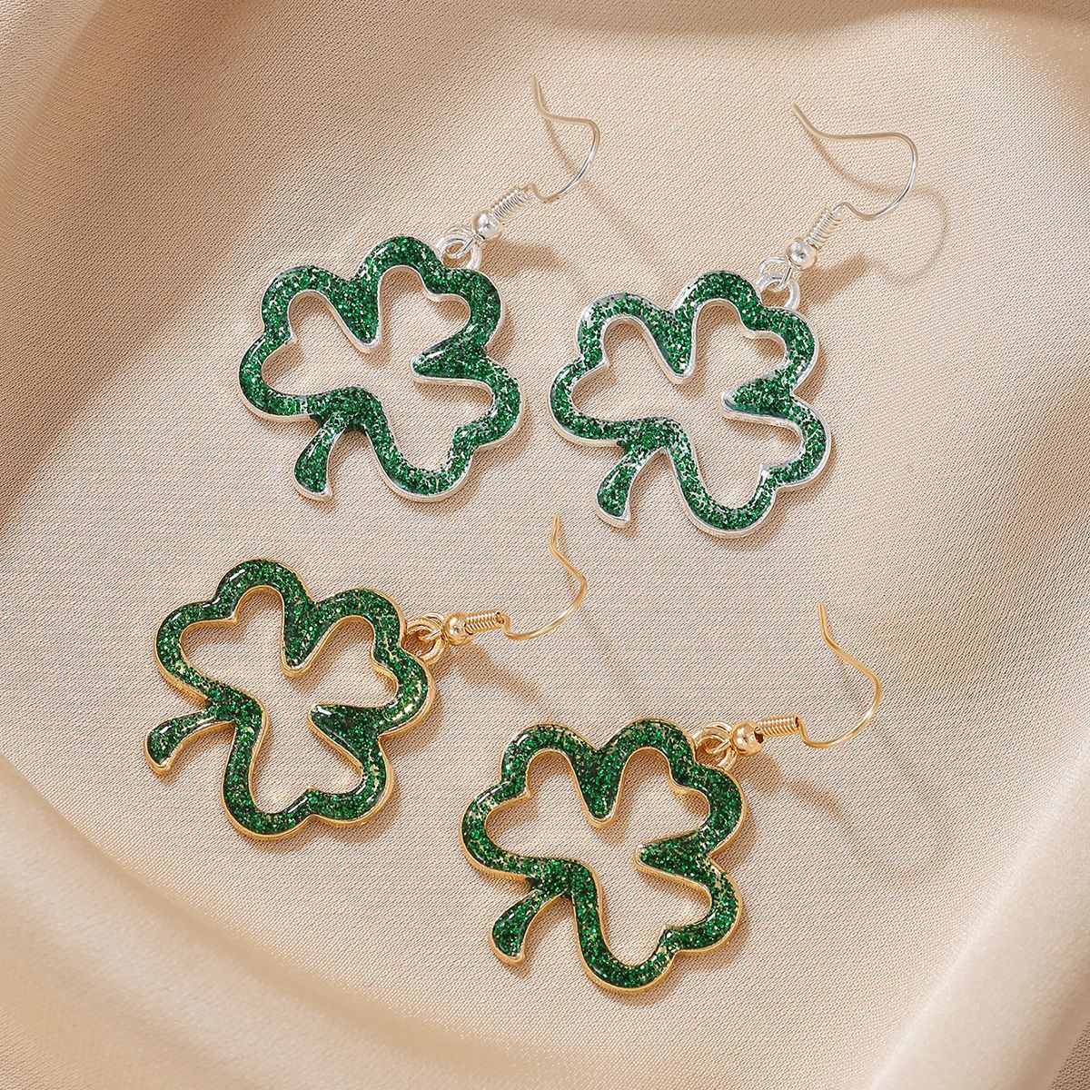 Wholesale St. Patrick's Day Hollow Green Four Leaf Clover Earrings