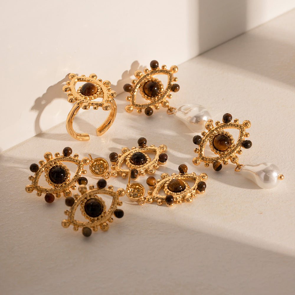 Wholesale Lace Hollow Inlay Tiger Eye Stone Devil Eye Earrings ACC-ES-WanXing001