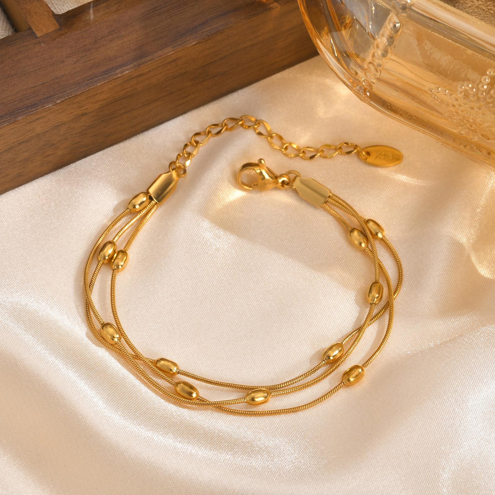 Wholesale Trendy Gold Bracelet For Women Stainless Steel Snake Chain Three Layer Rice Beads Fashion Jewelry Gift