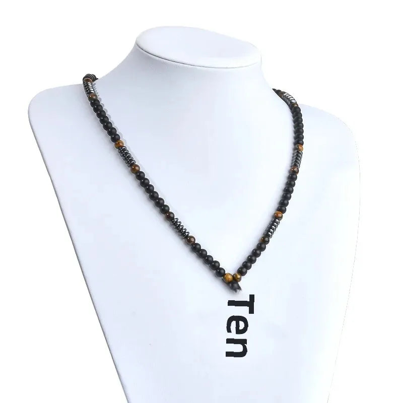 Wholesale Fashion Men's Black Obsidian Frosted Tiger Eye Stone Red Iron Mineral Ten Crosses Necklace