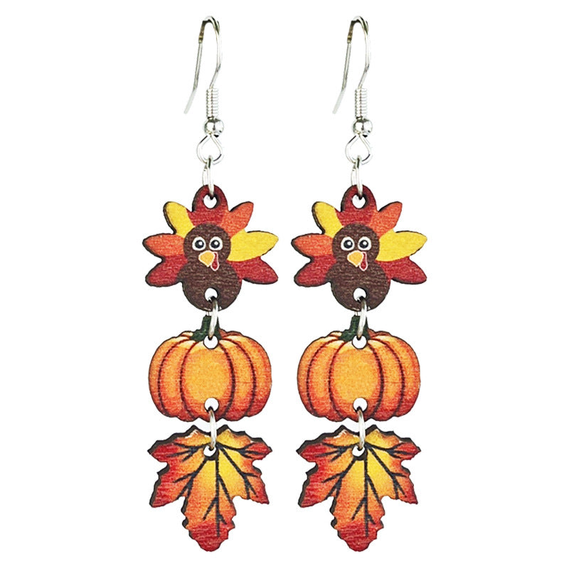 Wholesale 2 Pairs/pack Thanksgiving Wooden Turkey Pumpkin Multi-element Earrings ACC-ES-HY198