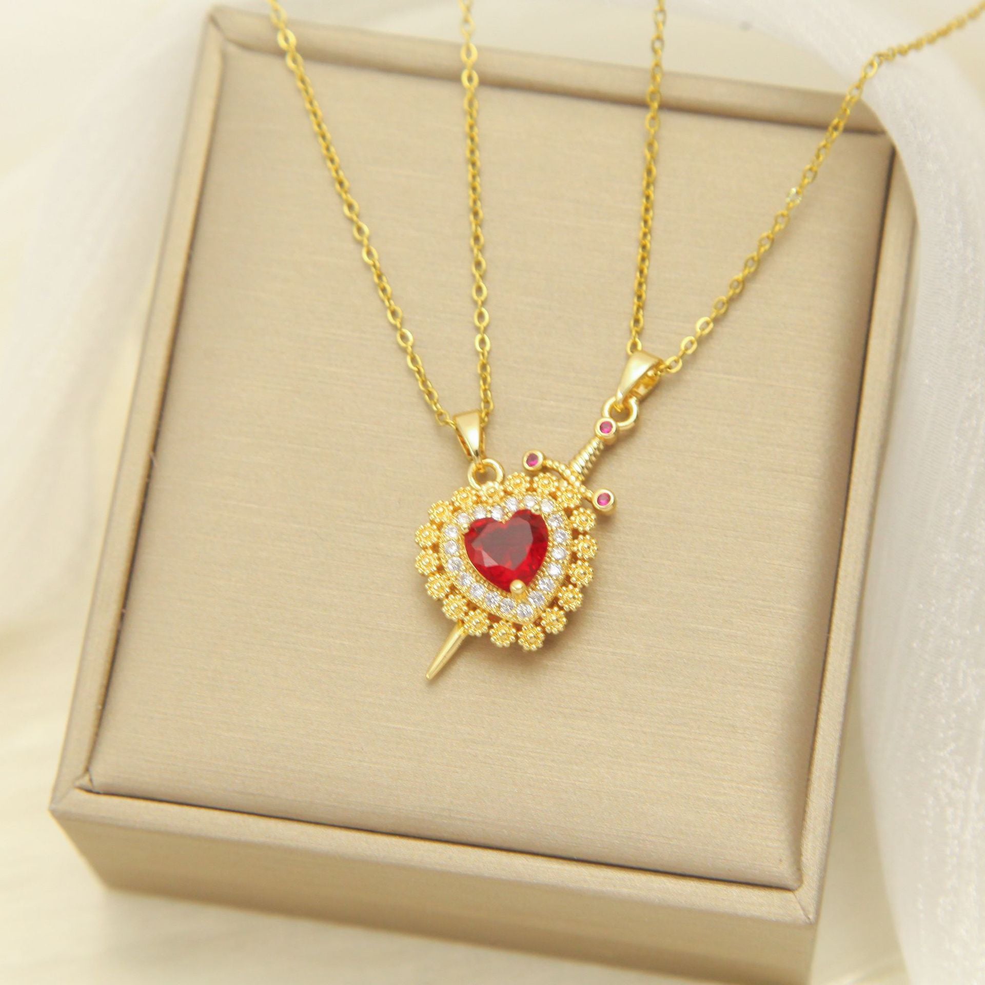 Wholesale  Titanium Steel arrow through the heart necklace copper plated 18K gold red love necklace