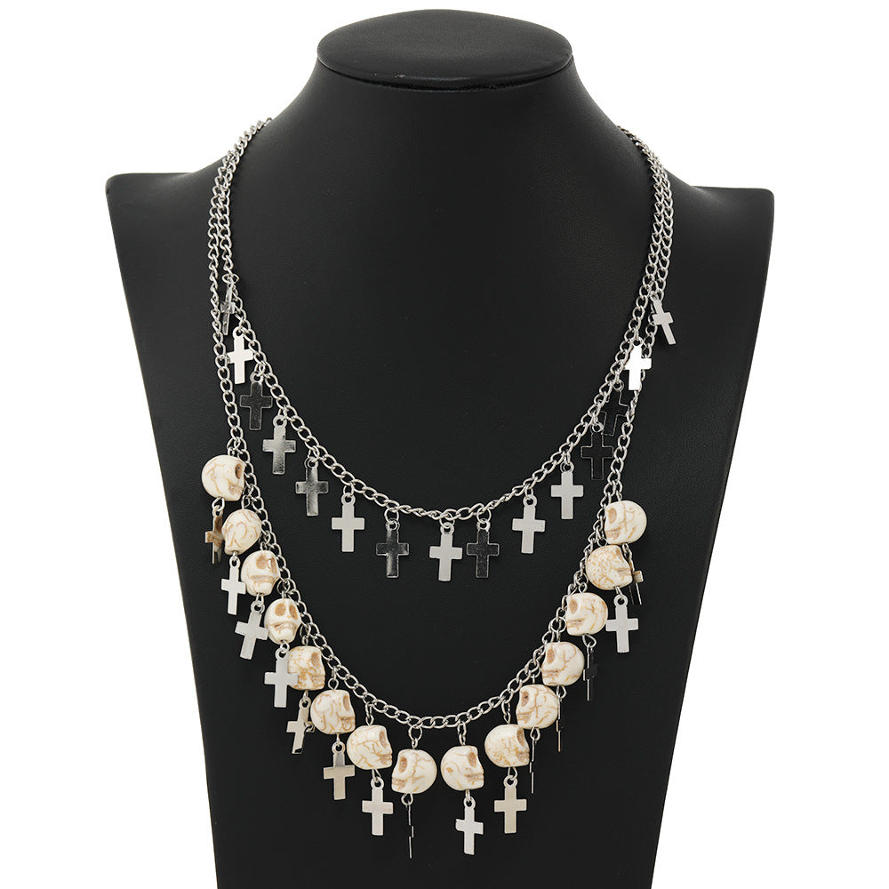 Wholesale Alloy  Punk Skull Cross Tassel Multi-Layer Necklace Fashion Accessory Gift