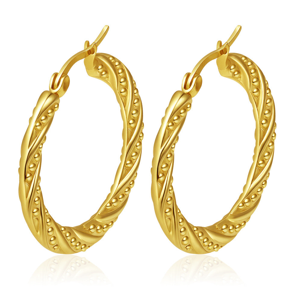 Wholesale Embossed Round Earrings Stainless Steel Gold Plated Everyday Wear Jewelry Accessory