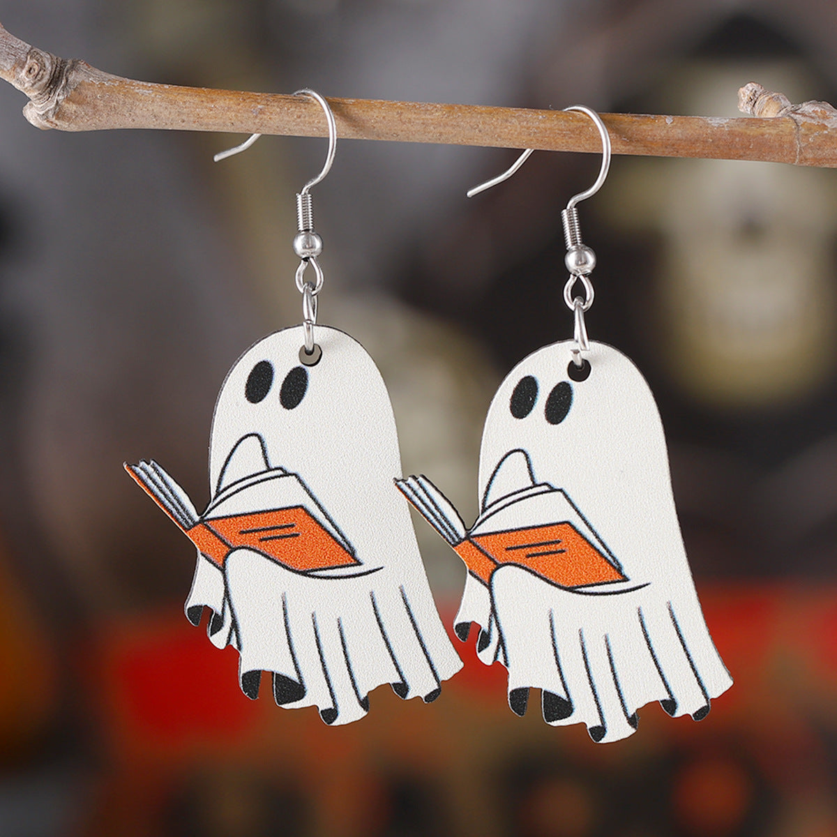 Wholesale Halloween Book Ghost Earrings Wood Earrings Goth Theme Double-sided Earrings ACC-ES-ChuLian036