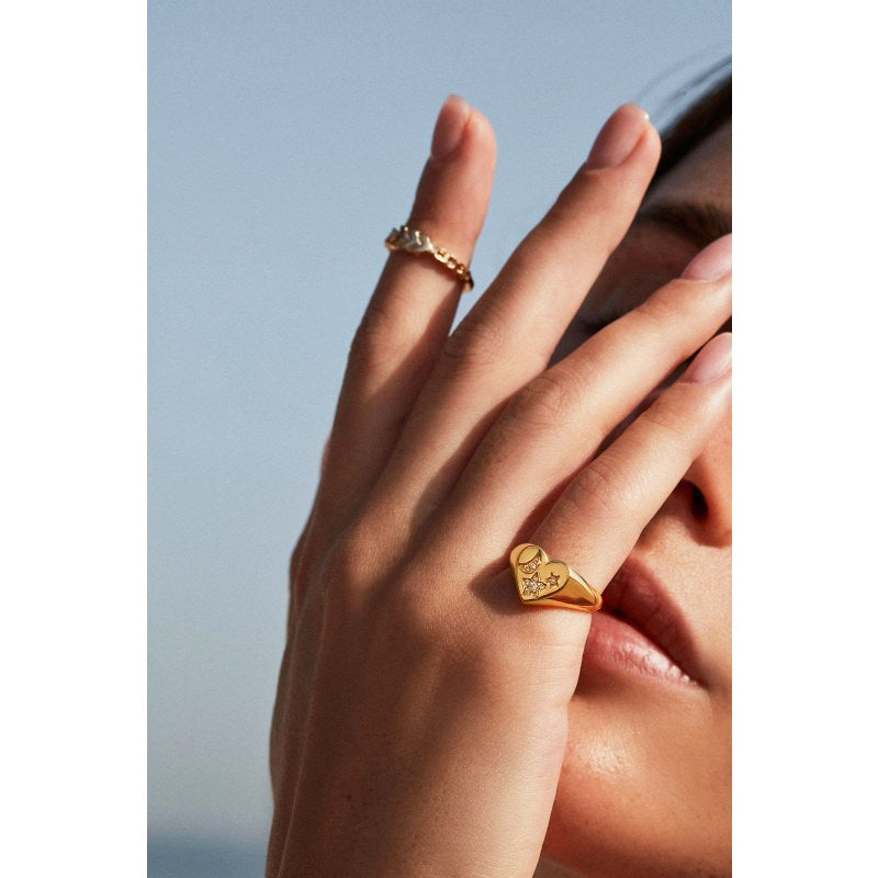 Wholesale  18K Gold Inlaid Zircon Love Ring Star Moon Tail Ring Double Heart-shaped Open Ring