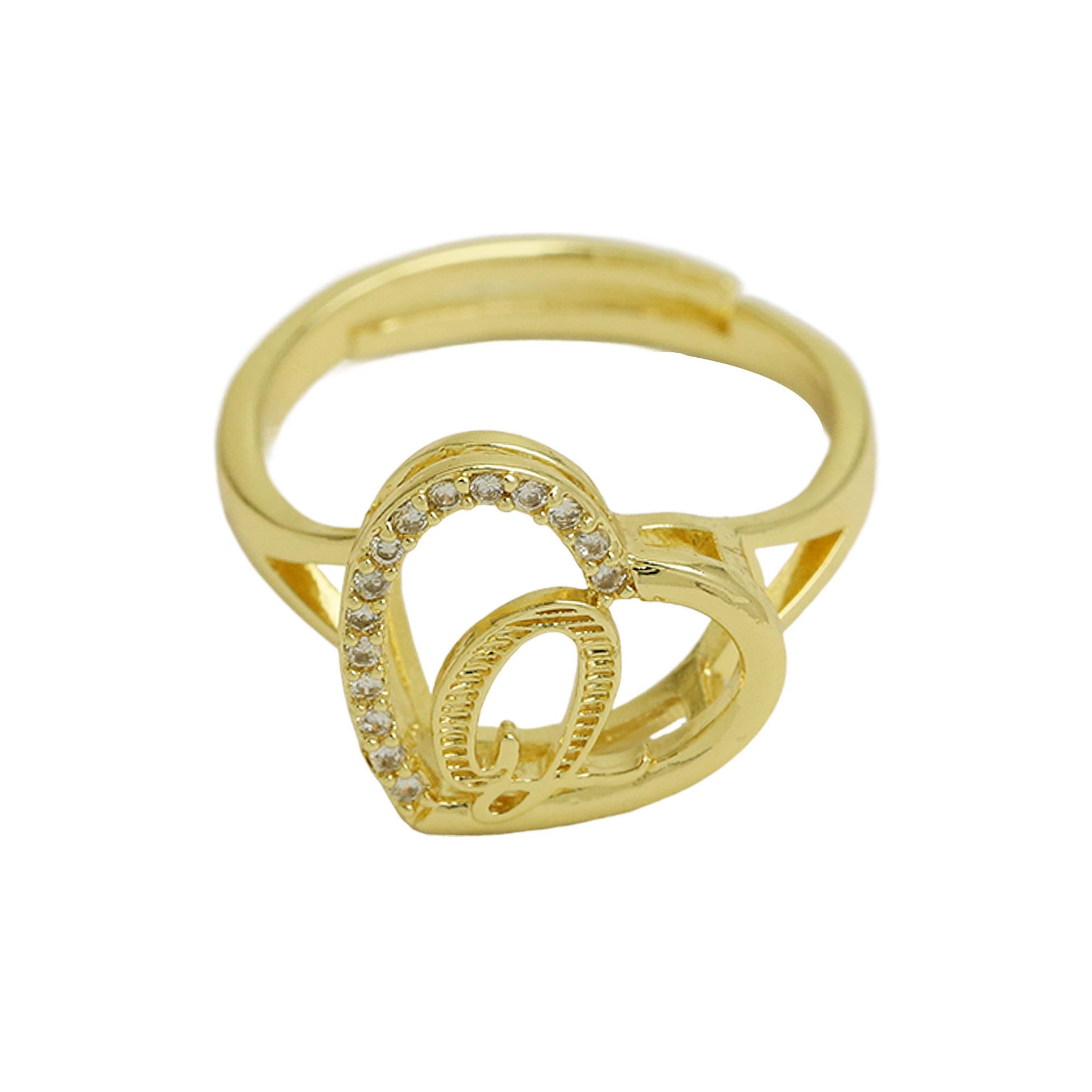 Wholesale  white gold heart-shaped love texture hollow 26 grass English letters open heart ring
