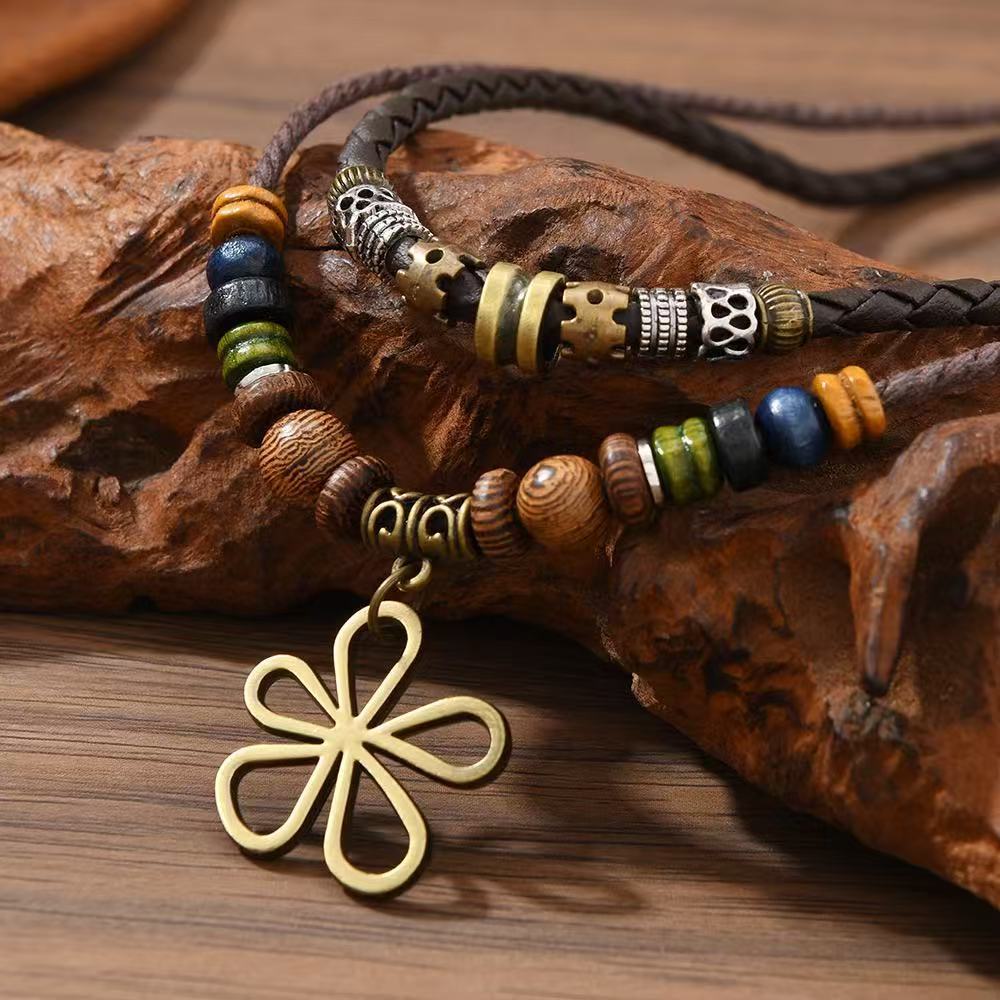 Wholesale Trendy Five Leaf Clover Wax Rope Necklace And Earring Set With Shell Pendant Party Wear Jewelry Accessory