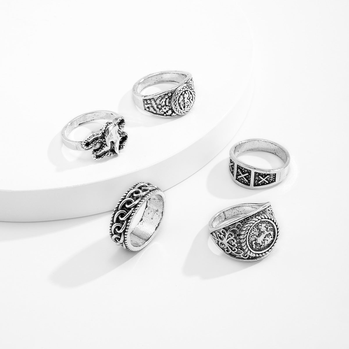 Wholesale Men' s Geometric Ring Set 5-Piece Vintage Electroplated Jewelry Accessory for Everyday Wear