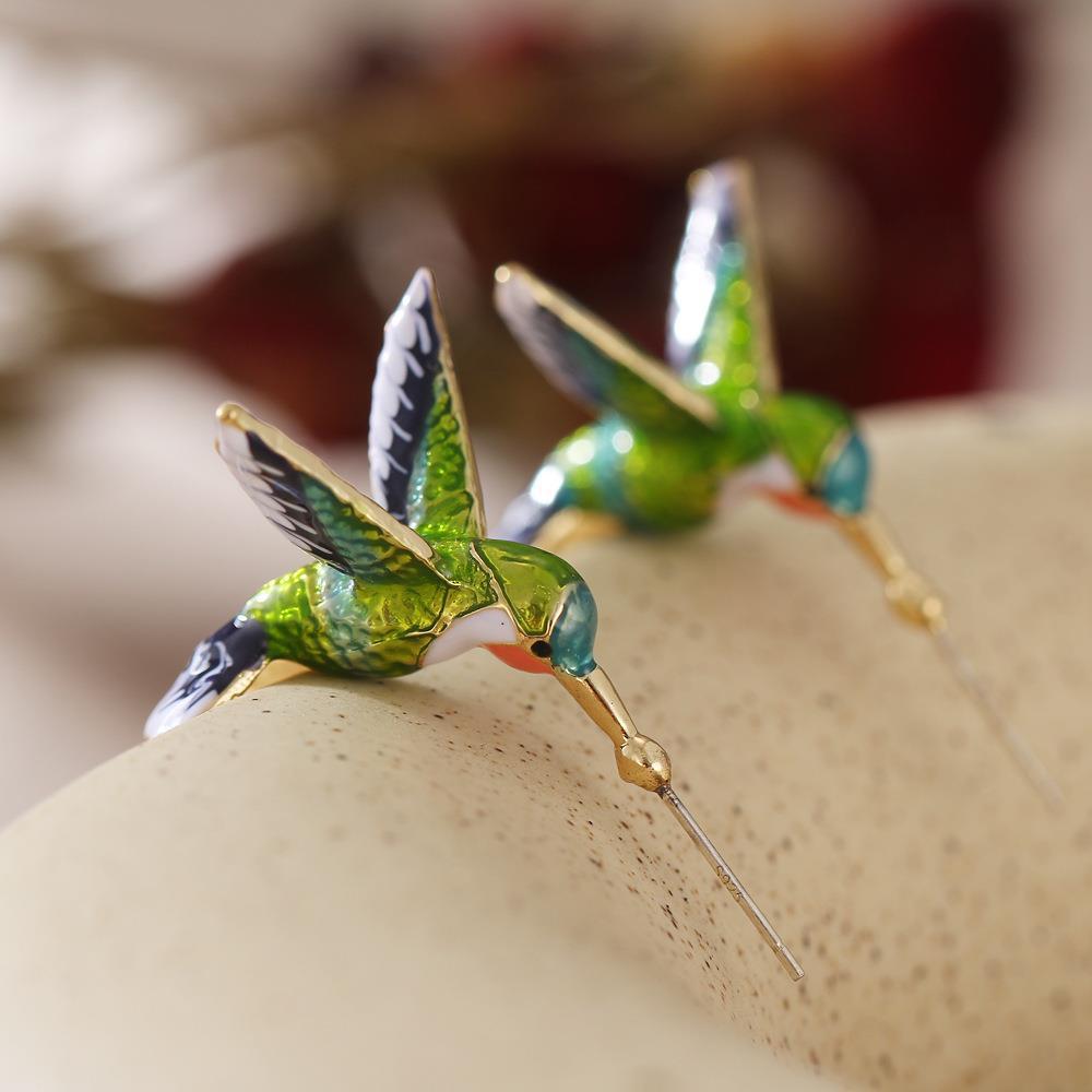 Wholesale Vintage Oil Hummingbird Green Blue Earrings